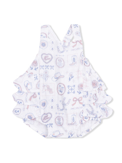 "White baby romper with ruffled sleeves and pastel western-themed patterns."