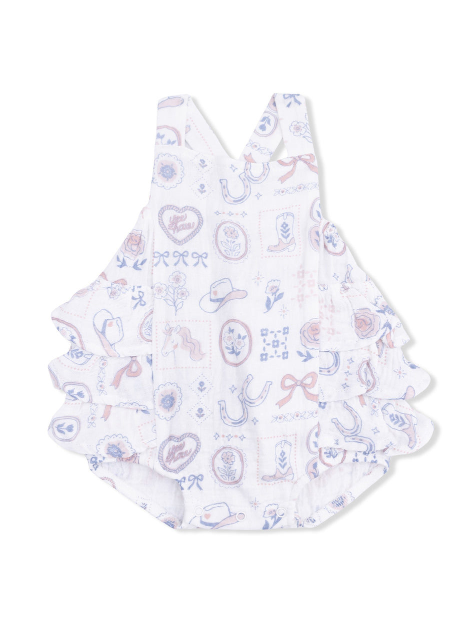 "White baby romper with ruffled sleeves and pastel western-themed patterns."