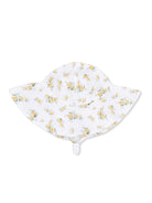 Floral white sun hat with yellow flowers, wide brim, and chin strap. Perfect for sunny days outdoors.