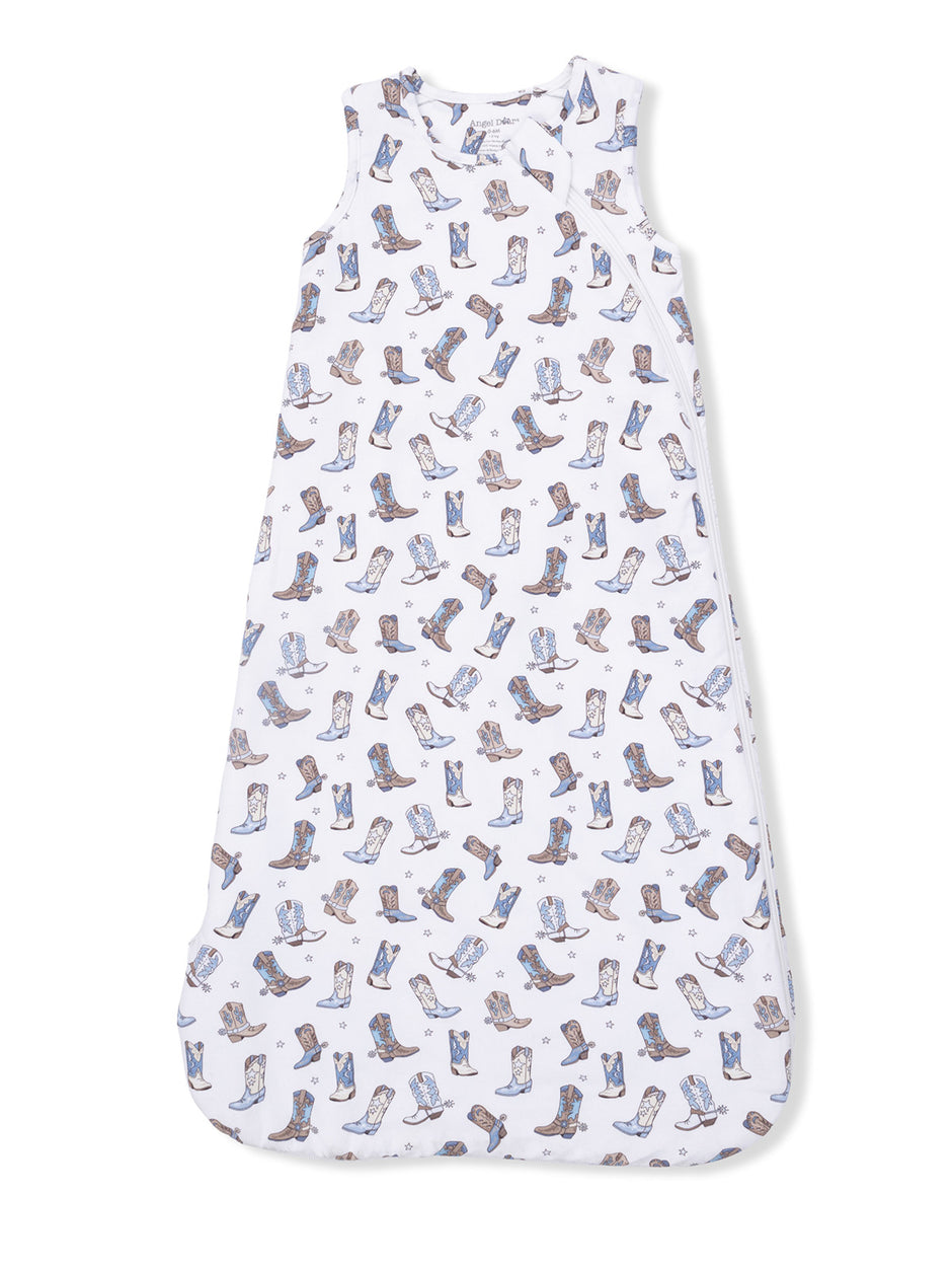 White sleeveless sleep sack with colorful cowboy boot patterns throughout. Ideal for infants and toddlers.