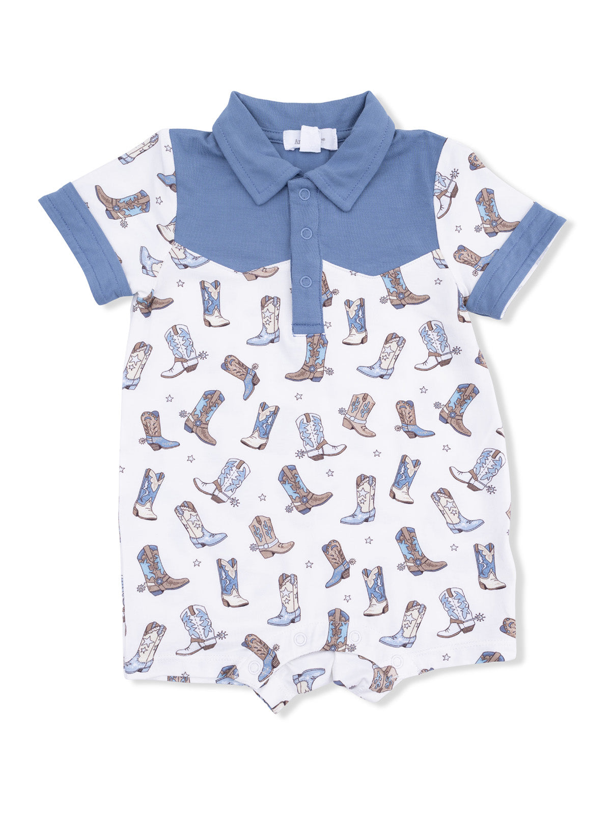 Baby romper with cowboy boot pattern, blue collar, short sleeves, and button placket. Ideal for casual wear.