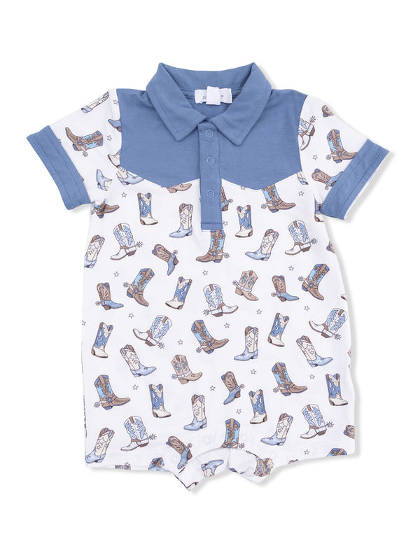 Baby romper with cowboy boot pattern, blue collar, short sleeves, and button placket. Ideal for casual wear.