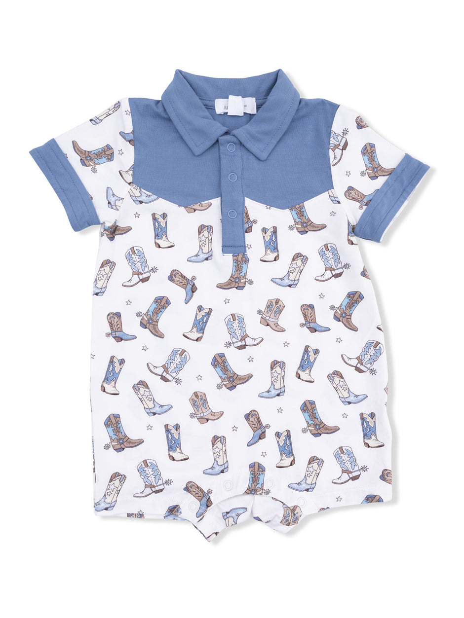 Baby romper with cowboy boot pattern, blue collar, short sleeves, and button placket. Ideal for casual wear.