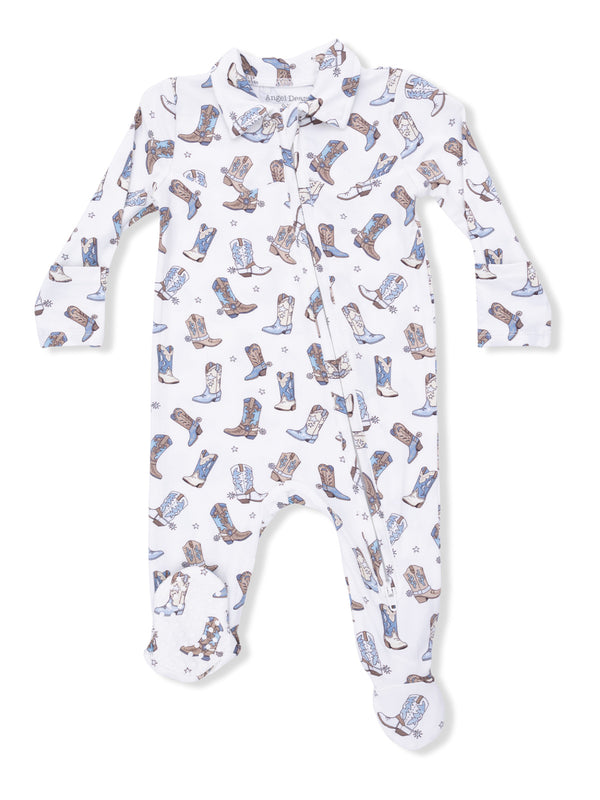 White infant onesie with a colorful cowboy boot pattern and long sleeves.