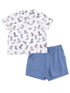 Children's short-sleeve shirt with cowboy boot print and matching blue shorts. Perfect for summer wear.