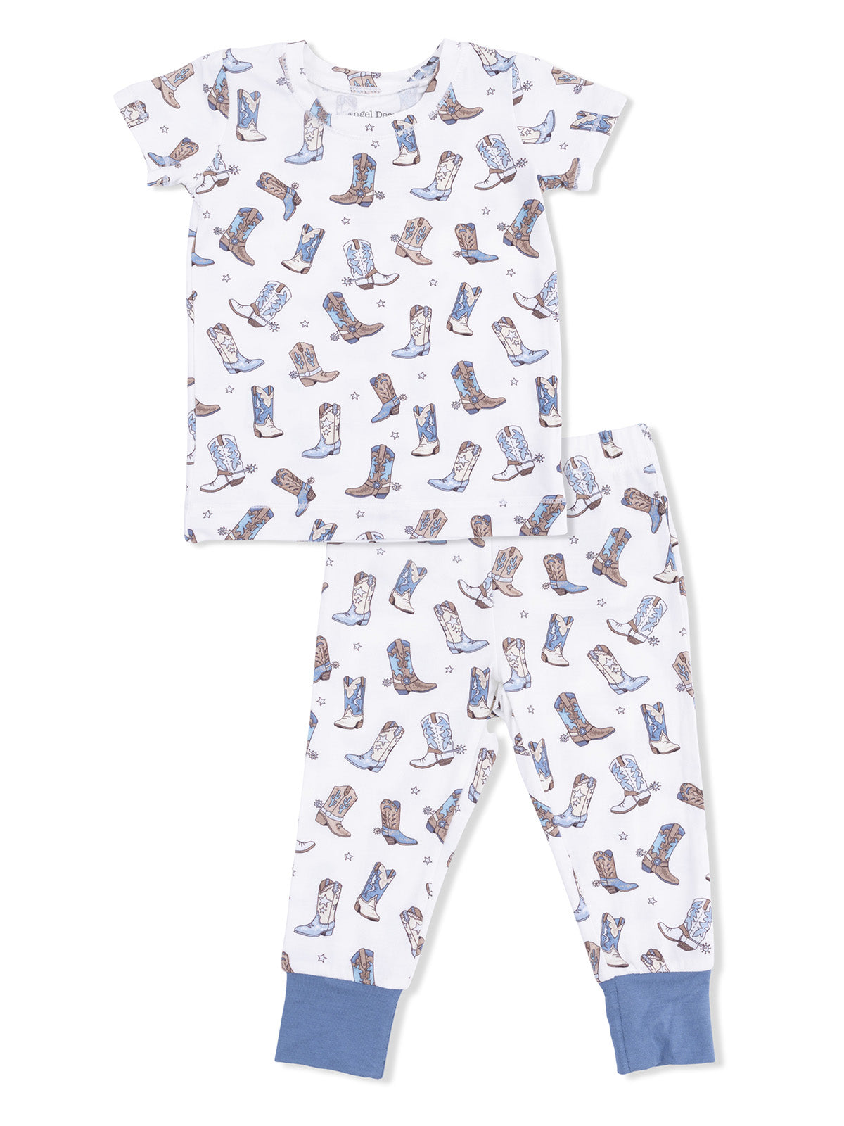 Child's pajama set featuring a white fabric with colorful cowboy boots patterns on a short-sleeve top and pants.