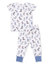 Child's pajama set featuring a white fabric with colorful cowboy boots patterns on a short-sleeve top and pants.