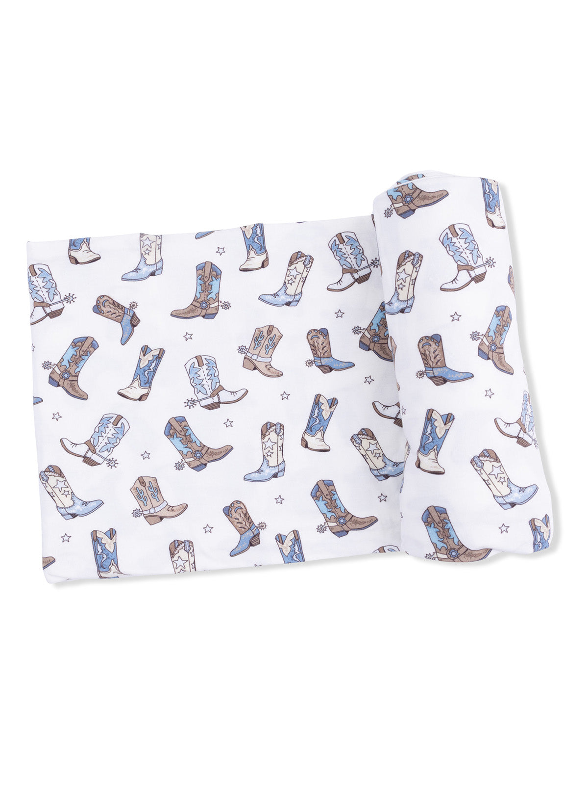 White fabric featuring a repeating pattern of colorful cowboy boots.