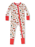 Children's holiday-themed onesie with gingerbread and festive patterns, featuring a red zip front and cuffs.