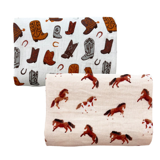 2-Pack Muslin Swaddles, Cowboy Boots/Horses