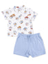 Short-sleeve children's outfit with a dog-patterned shirt and light blue shorts. Perfect for warm weather.