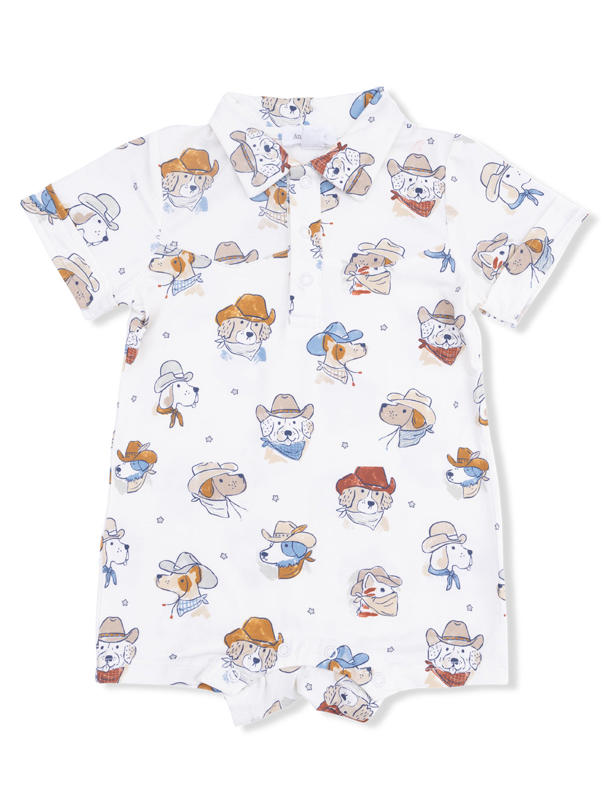 White baby onesie with a playful dog print wearing hats and bandanas. Ideal for casual outings or playtime.