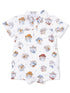 White baby onesie with a playful dog print wearing hats and bandanas. Ideal for casual outings or playtime.