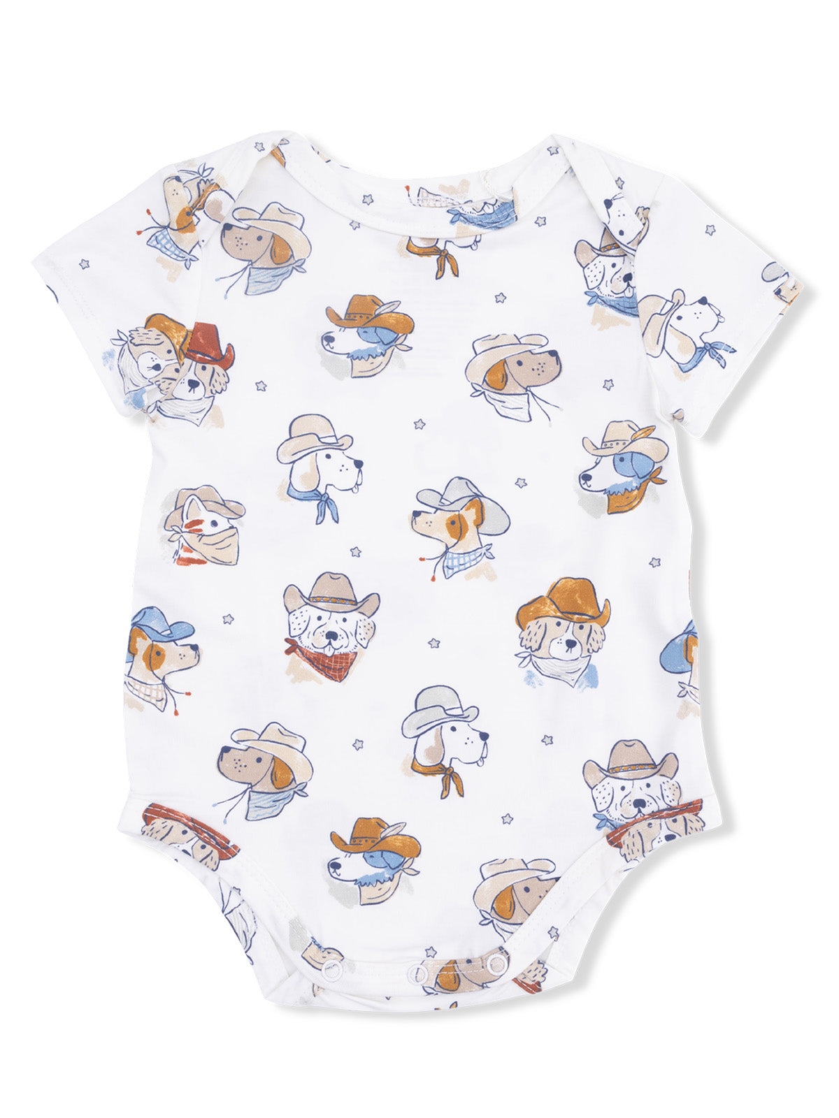 White onesie featuring playful, cowboy-themed dog illustrations in orange and blue tones.