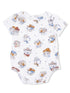 White onesie featuring playful, cowboy-themed dog illustrations in orange and blue tones.