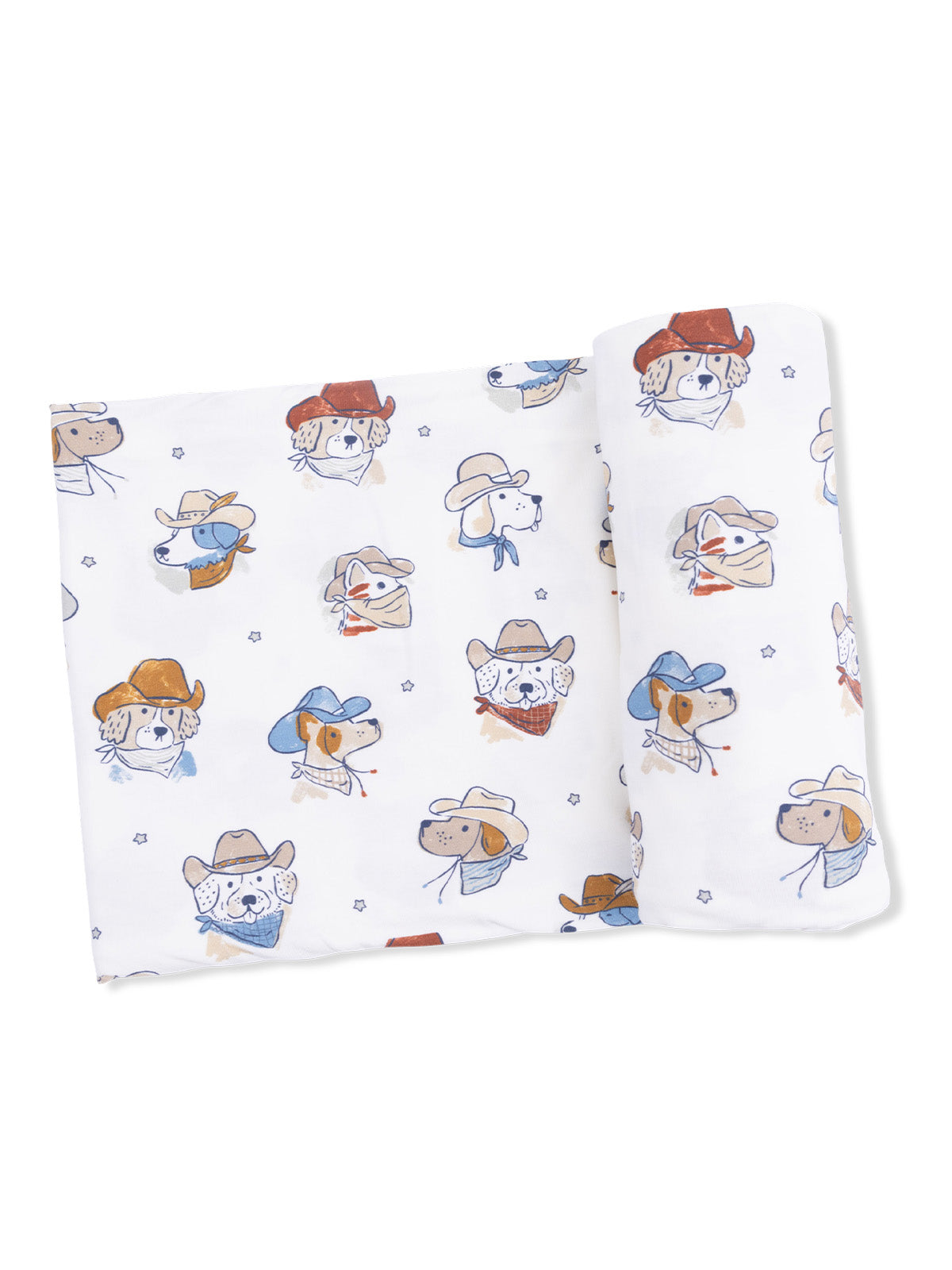 Patterned fabric featuring cartoon dogs wearing hats and bandanas on a white background.