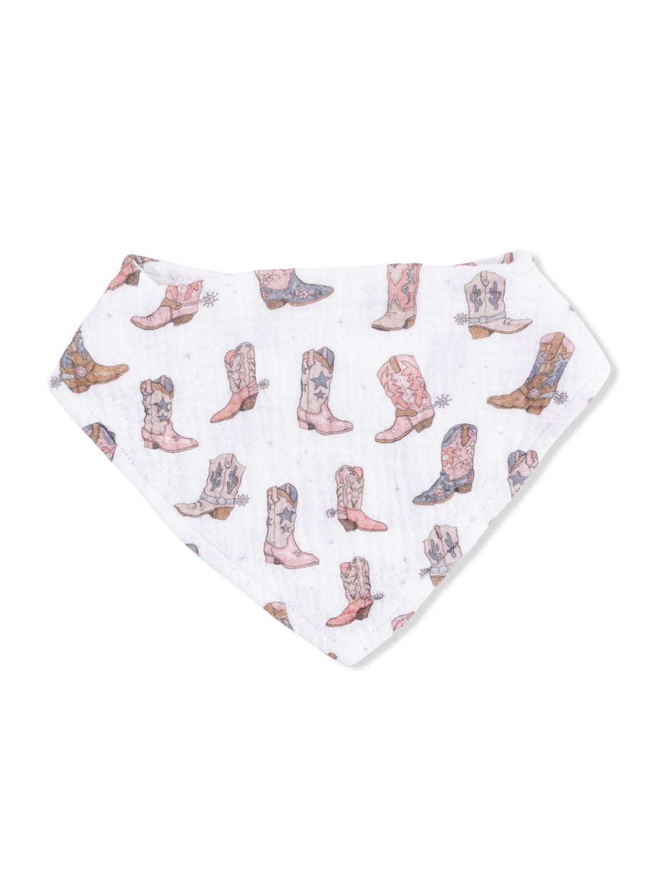 Bandana featuring a repeated pattern of colorful cowboy boots on a white background.