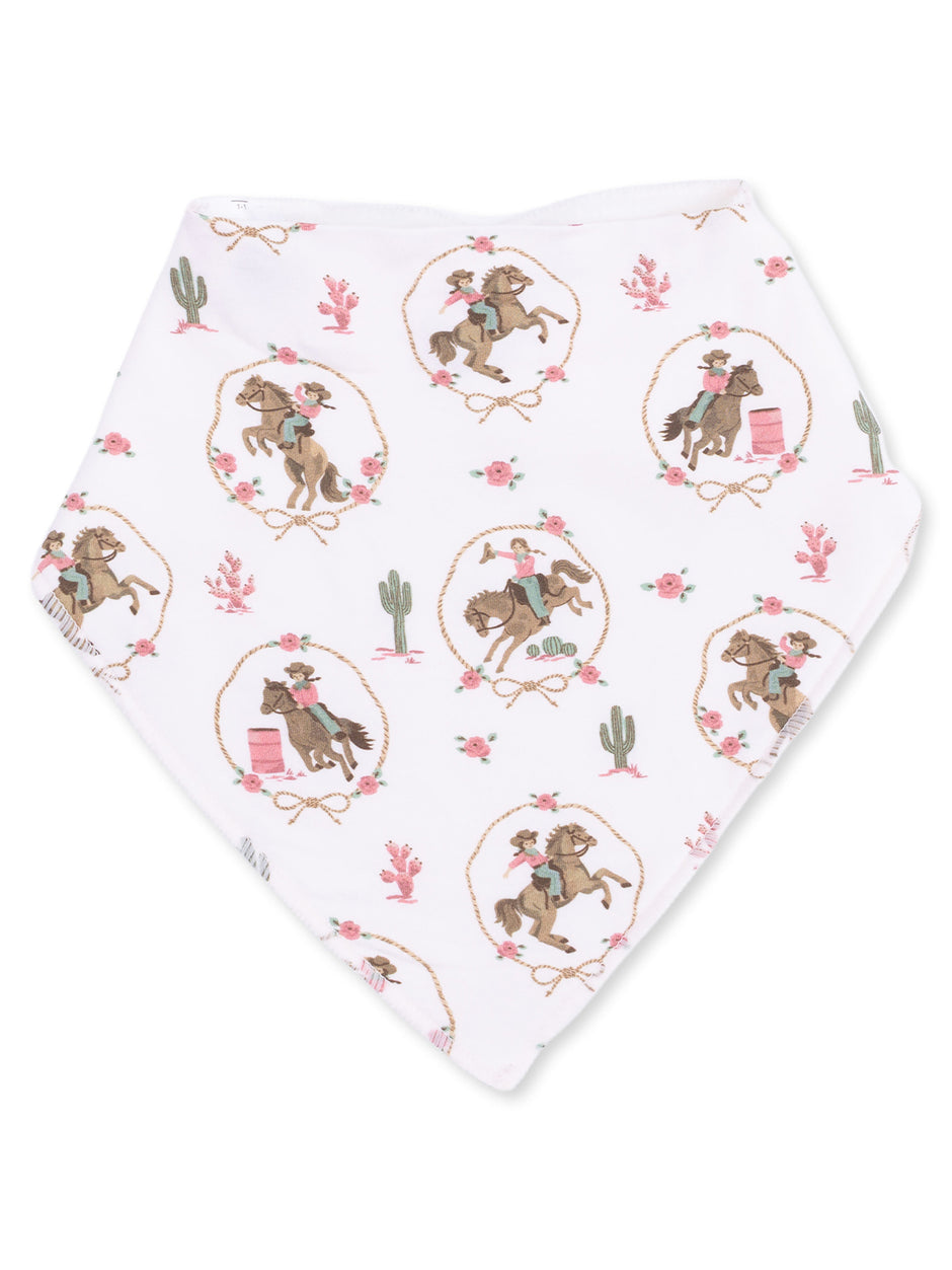 White bandana featuring a playful cowboy and cowgirl pattern with horses, flowers, and cacti.