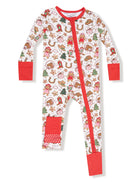 Holiday-themed kids' pajamas with colorful gingerbread and Christmas patterns, featuring a front zipper and red accents.