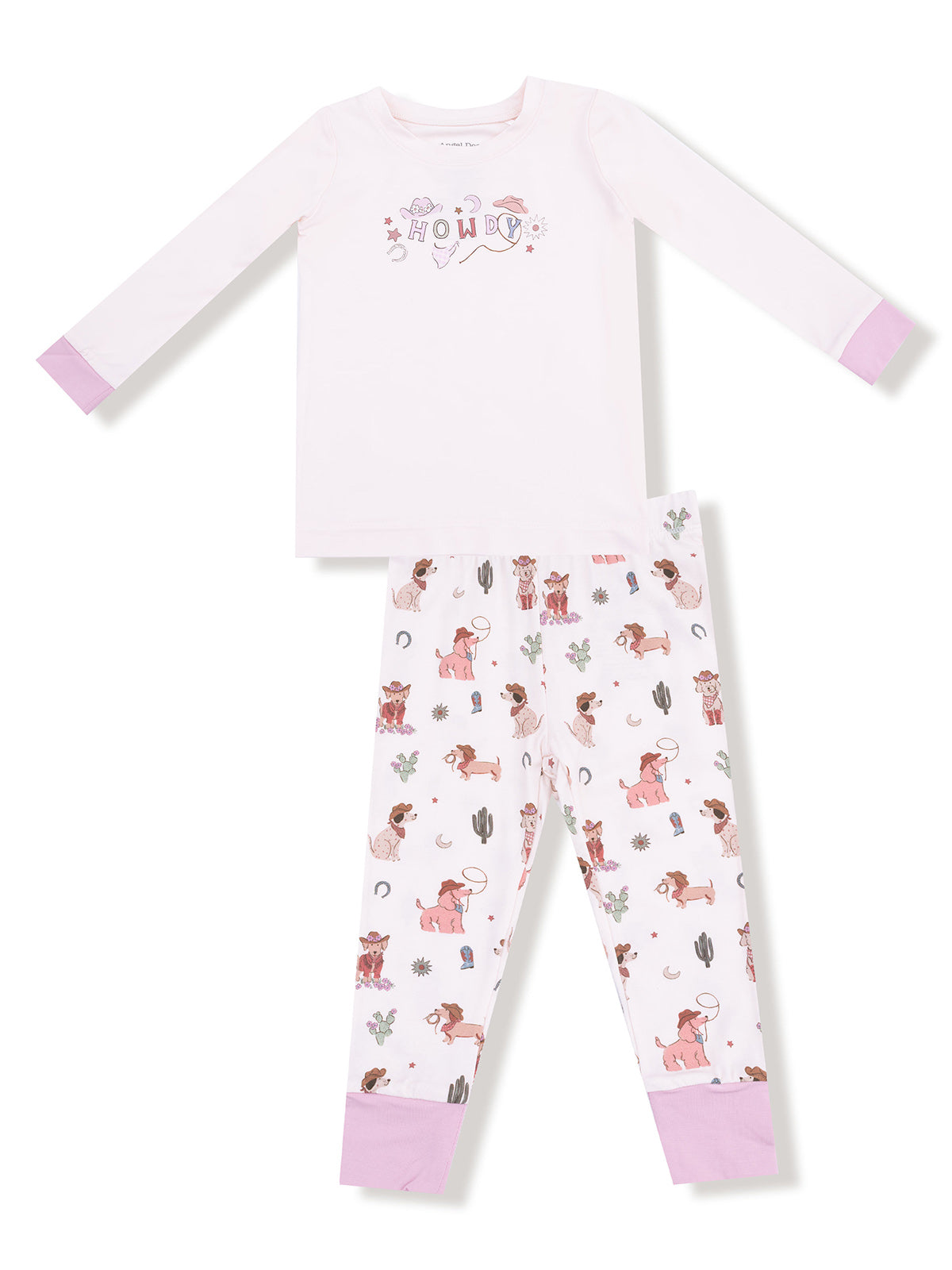 Girls' long-sleeve pajama set with "Howdy" graphic and playful dog prints on pants. Soft fabric in pink and white.