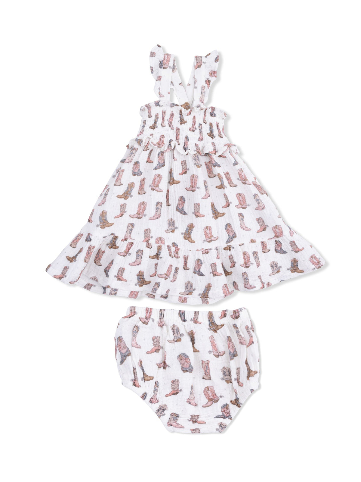 Toddler dress and bloomer set featuring a playful cowboy boot print on a white background.
