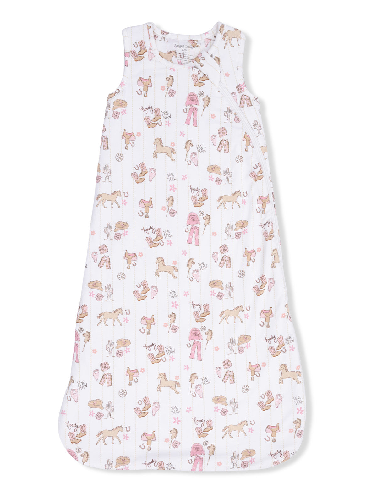 Children's sleep sack with a whimsical animal print, including horses, and a soft, lightweight design.
