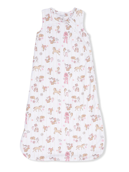 Children's sleep sack with a whimsical animal print, including horses, and a soft, lightweight design.