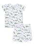 Children's pajama set featuring a playful alligator pattern on a white background.
