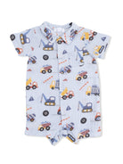 Light blue toddler romper with colorful construction vehicle print, featuring trucks and cranes, short sleeves, and buttons.