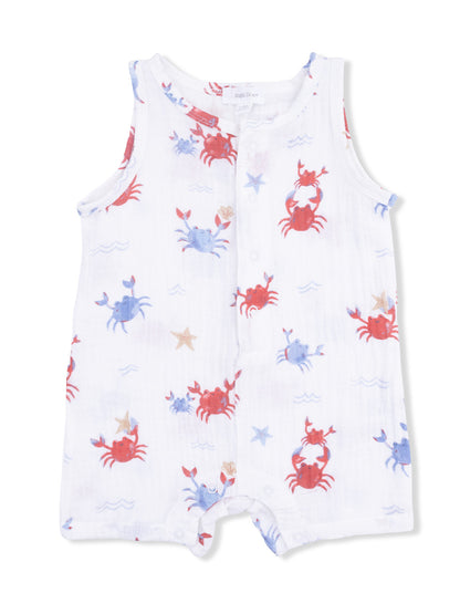 White sleeveless romper with red and blue crab prints on a light background. Ideal for summer wear.