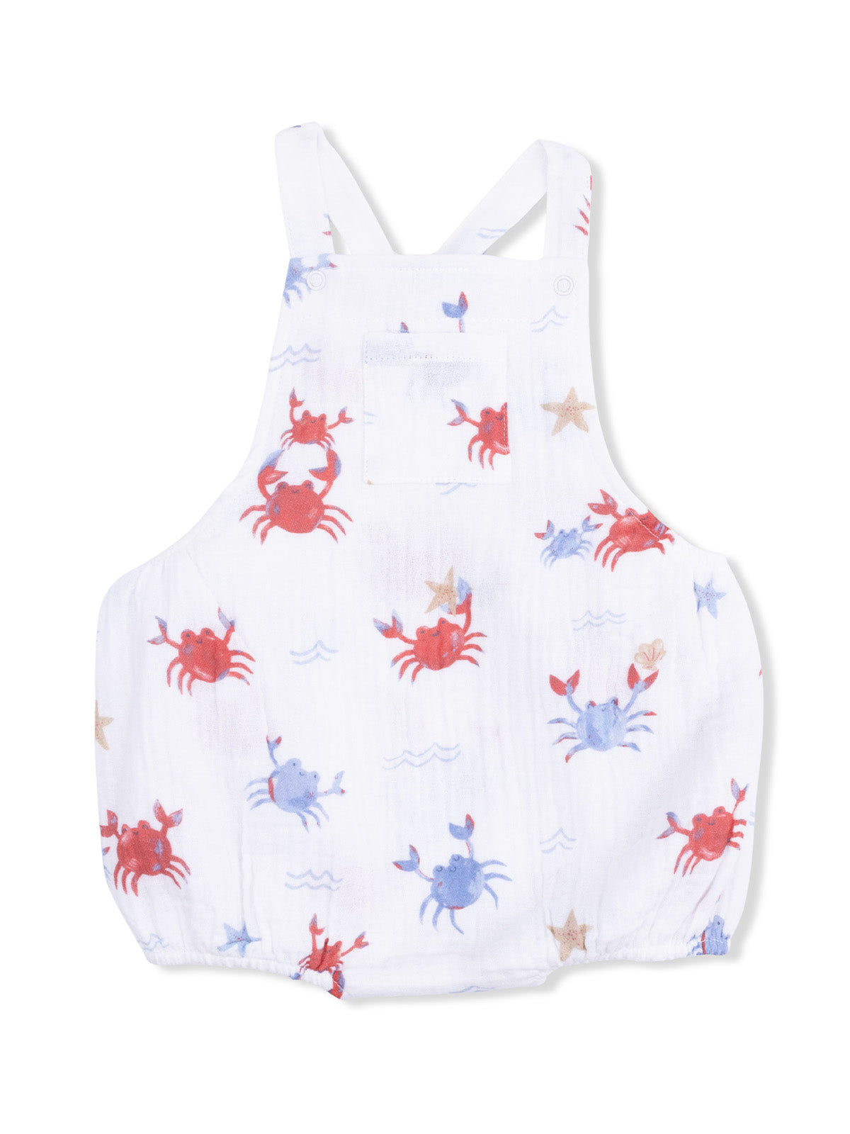 White children's romper with crab and starfish print in red and blue colors.
