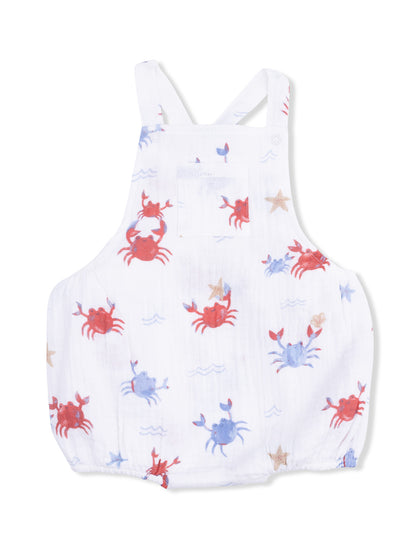 White children's romper with crab and starfish print in red and blue colors.