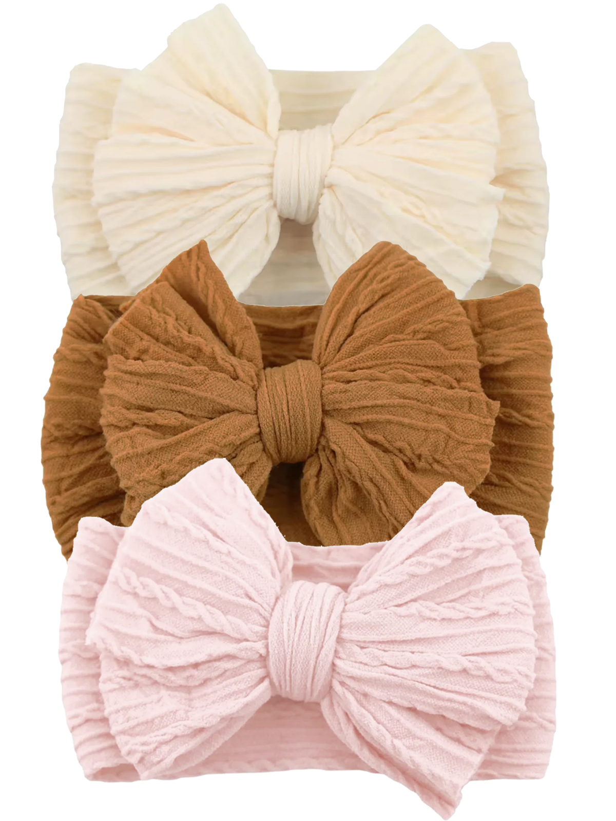 Three textured headbands in cream, brown, and pink colors, tied in large bows.