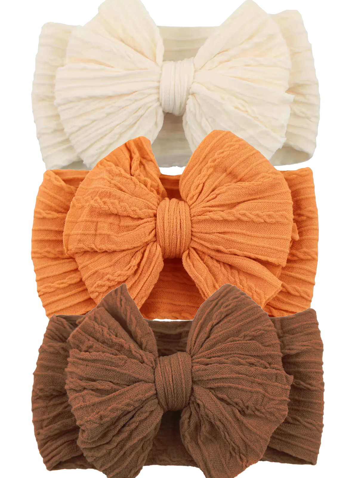 Three large fabric bows in cream, orange, and brown, arranged from top to bottom on a light background.