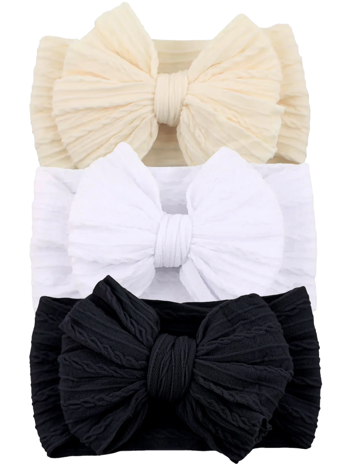Three fabric headbands in cream, white, and black with large bow details displayed stacked vertically.