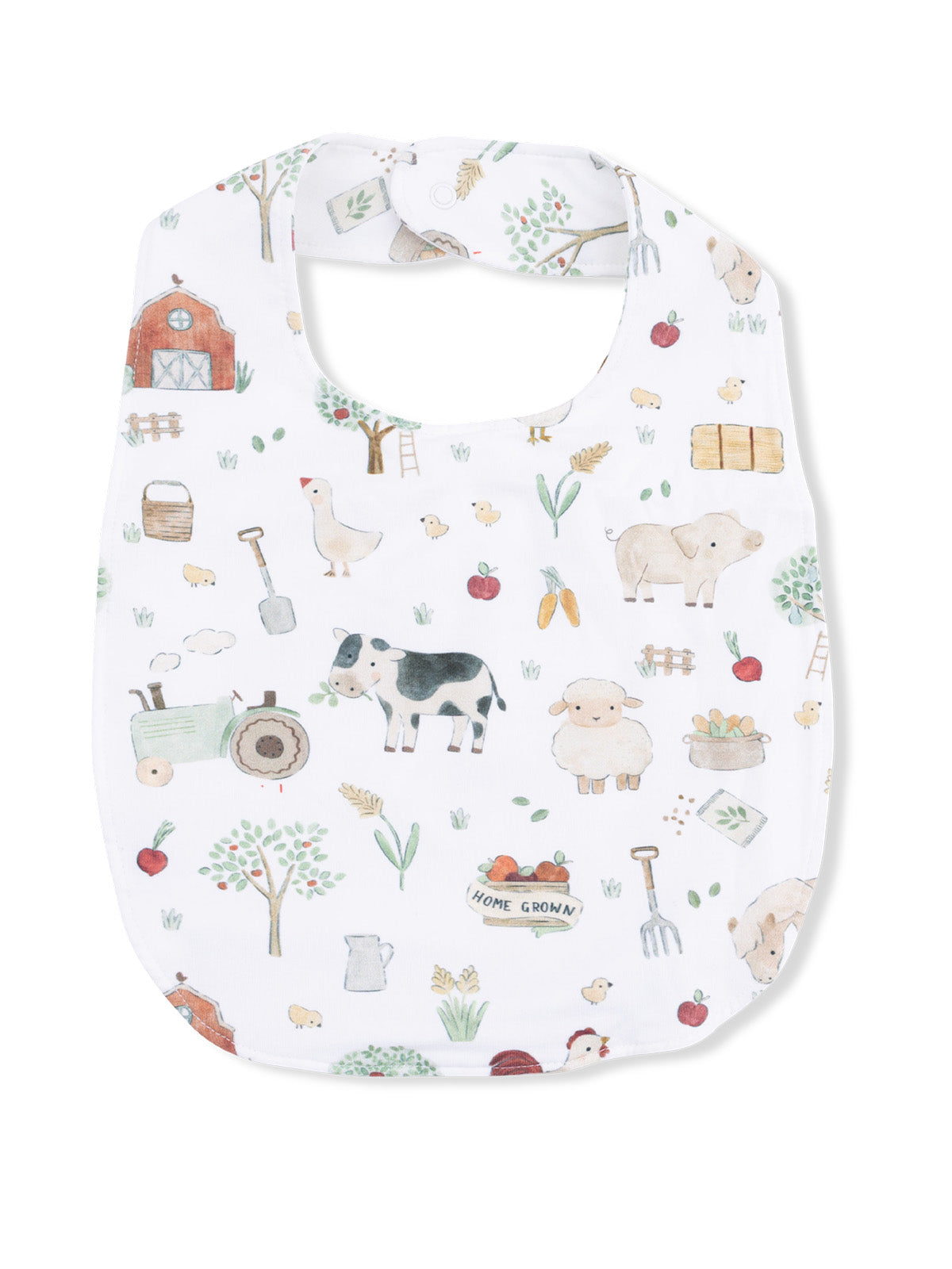 White bib featuring cute farm animal and produce illustrations in a playful, colorful design.