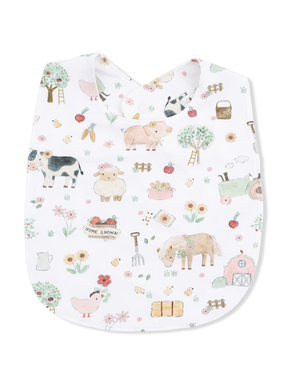Child's bib with a whimsical farm animal pattern featuring cows, sheep, chickens, and flowers on a white background.