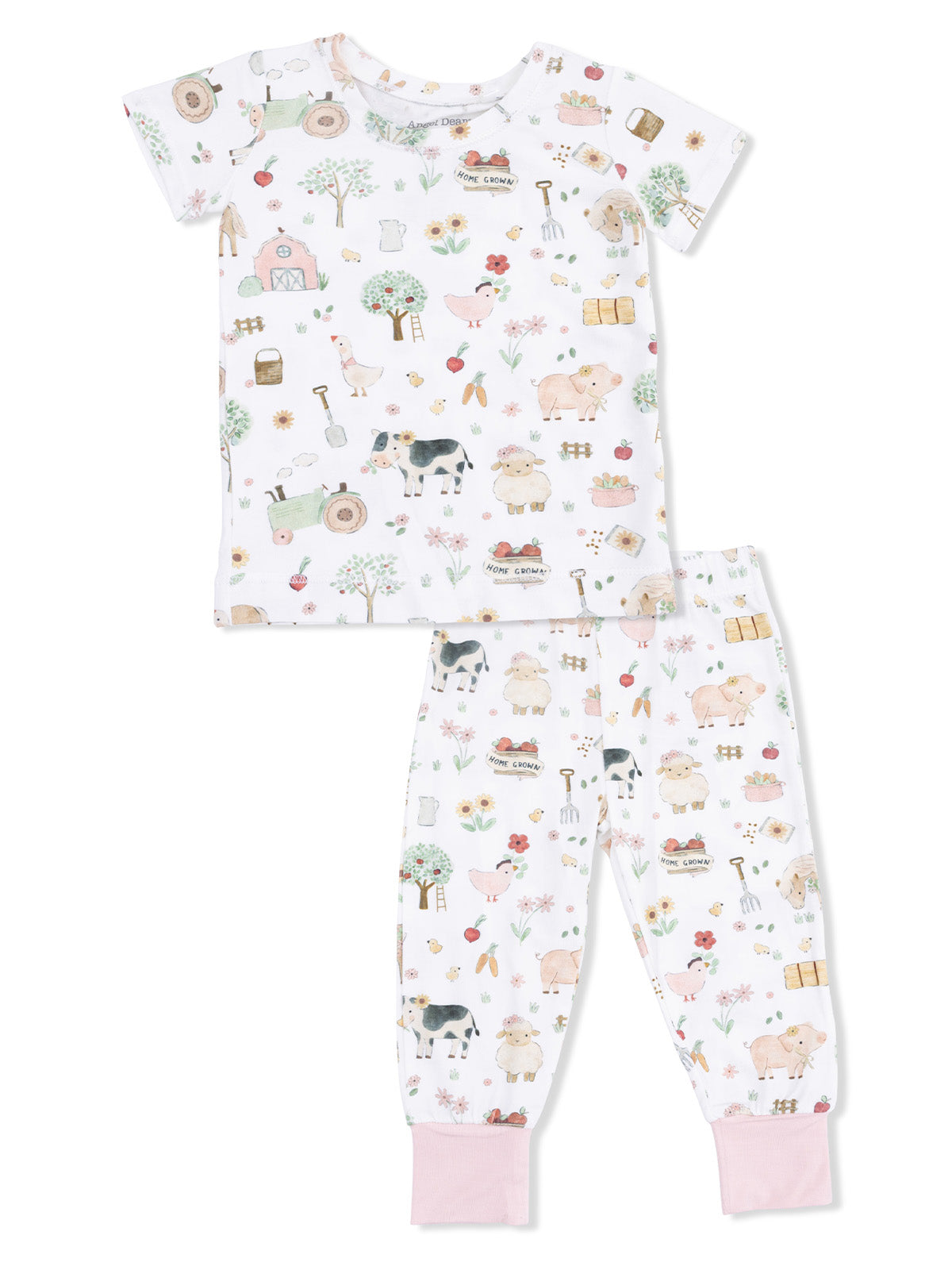 Children's farm-themed pajama set with colorful prints of animals, plants, and gardening tools on a white background.
