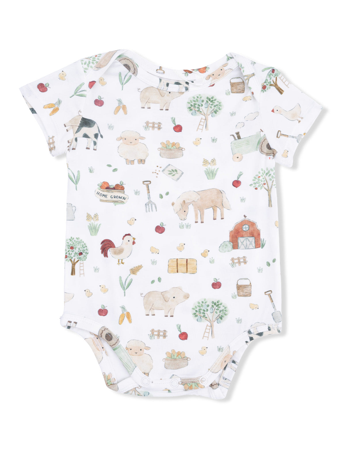 Illustrated baby onesie featuring farm animals, fruits, and vegetables on a white background. Ideal for toddlers.