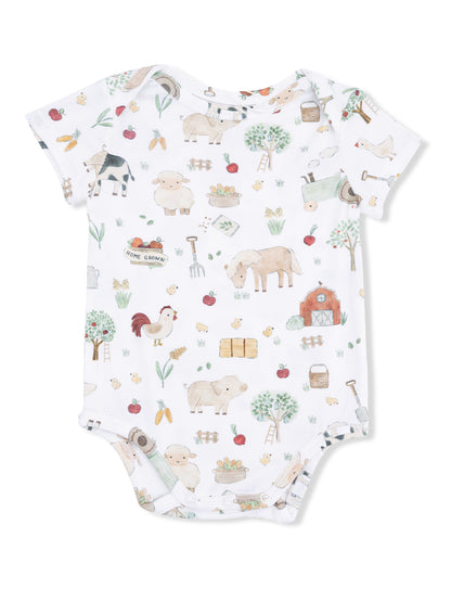 Illustrated baby onesie featuring farm animals, fruits, and vegetables on a white background. Ideal for toddlers.