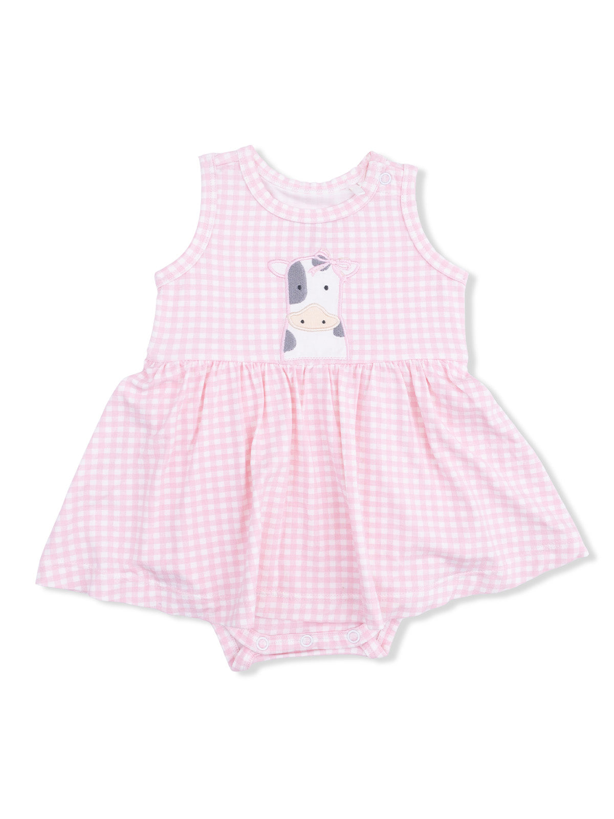Pink gingham baby dress with cow print design and skirted bottom. Ideal for casual play or special occasions.
