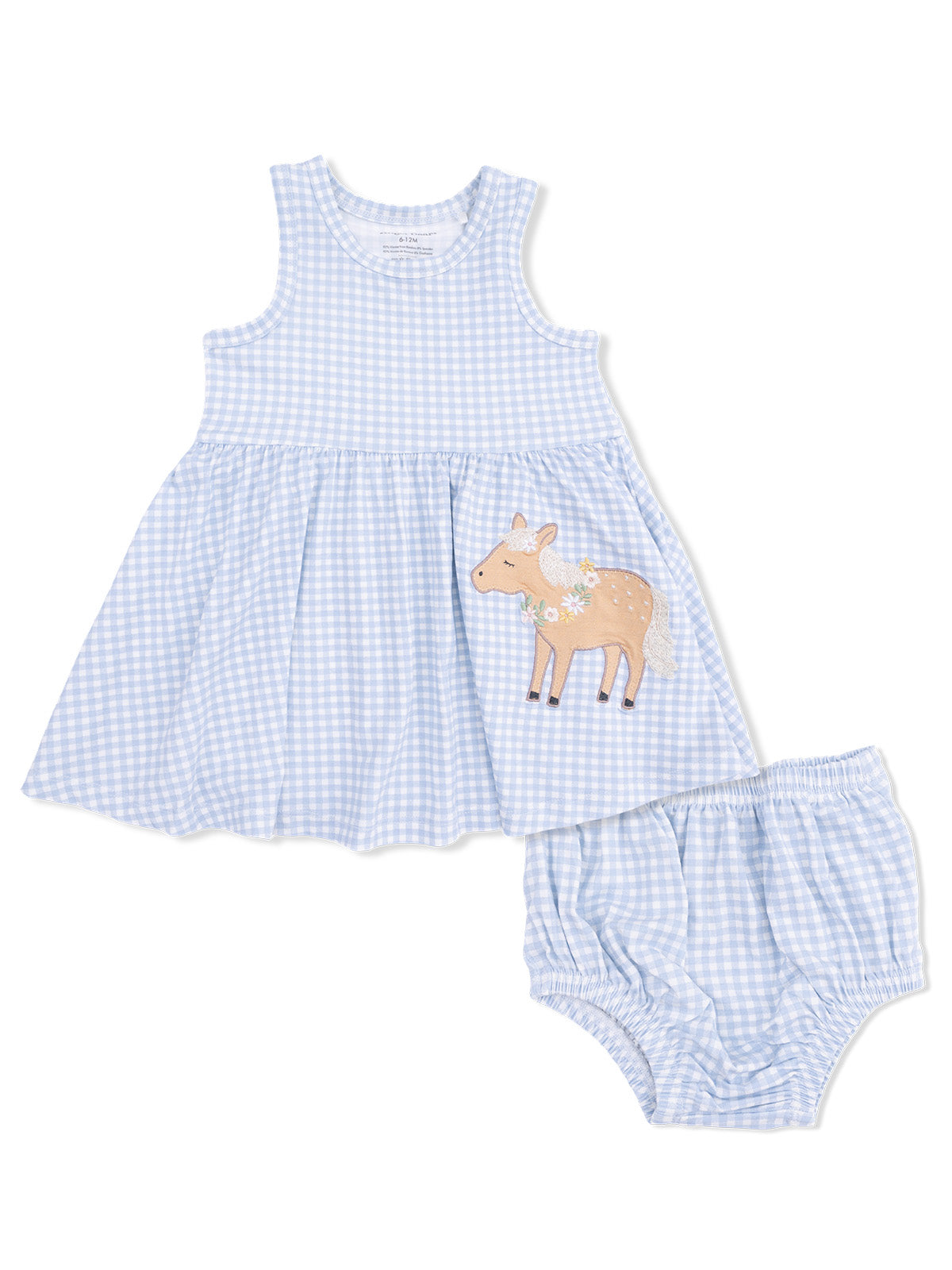 Blue gingham dress with a deer design and matching bloomers. Ideal for young girls' summer outfits.