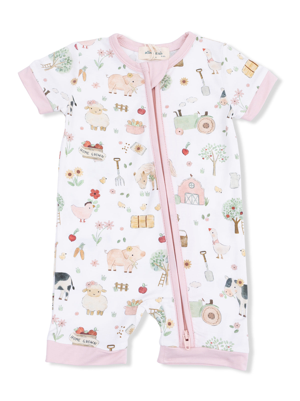 Child's short-sleeve romper featuring a whimsical farm-themed print with animals, plants, and farm equipment.
