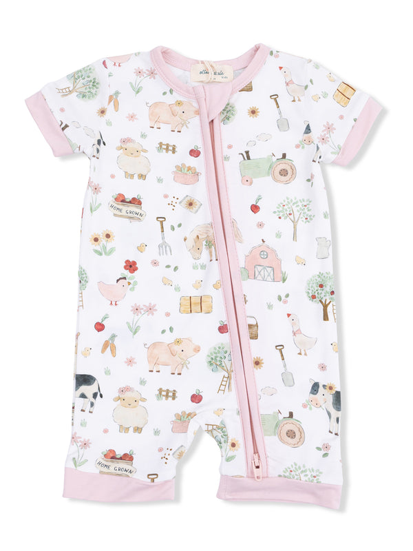Child's short-sleeve romper featuring a whimsical farm-themed print with animals, plants, and farm equipment.