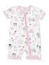 Child's short-sleeve romper featuring a whimsical farm-themed print with animals, plants, and farm equipment.