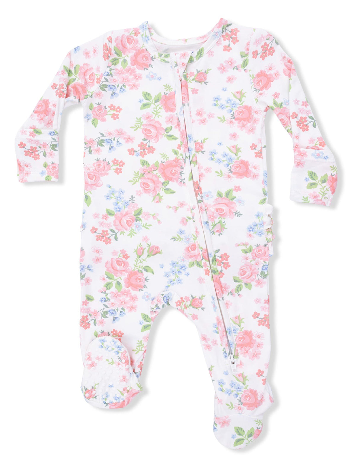 Floral-patterned baby onesie in pink and white with a front zipper and footed design.