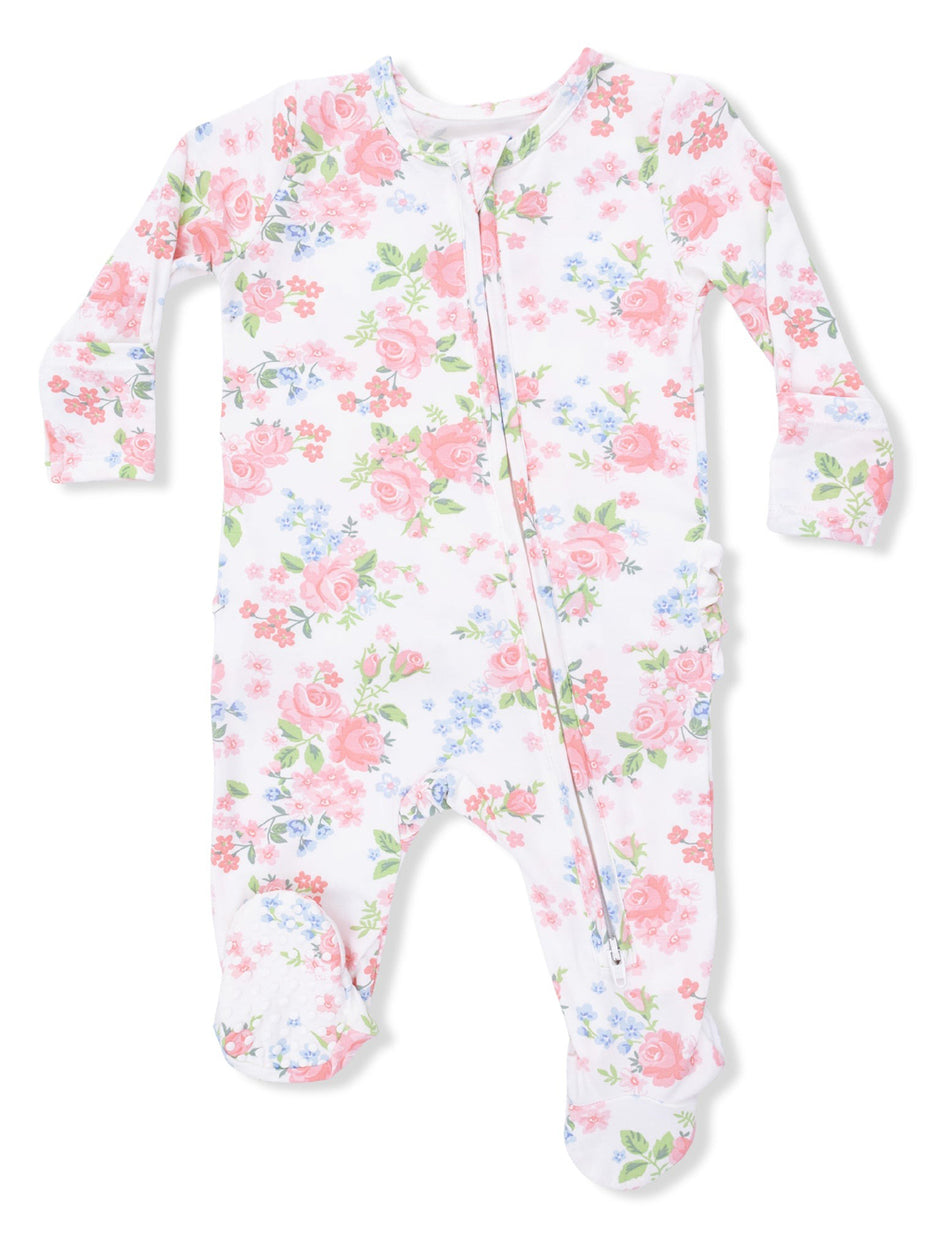 Floral-patterned baby onesie in pink and white with a front zipper and footed design.