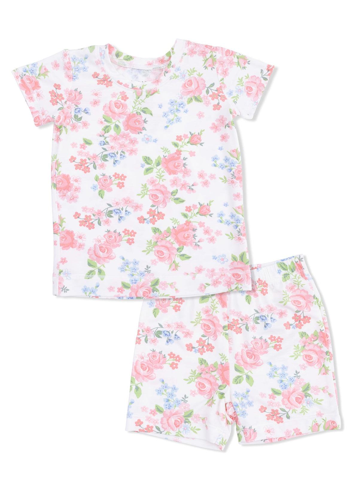 Floral pajama set featuring a short-sleeve top and shorts with pink roses and blue flowers on a white background.