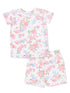 Floral pajama set featuring a short-sleeve top and shorts with pink roses and blue flowers on a white background.
