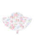 Floral sun hat with pink roses and blue flowers on a white background, featuring a wide brim and tie strap.